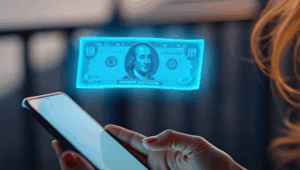 Una persona de perfil con un teléfono en la mano y sobre el equipo un billete de dólar suspendido en el aire en reflejo de un dólar digital.