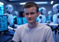 Imagen elaborada con Grok a partir del texto: "genera una imagen de vitalik buterin junto a una computadora y rodeado de robots en un centro de computacion. Usa un estilo futurista. El formato debe ser 16:9".