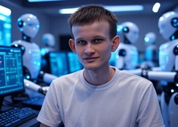 Imagen elaborada con Grok a partir del texto: "genera una imagen de vitalik buterin junto a una computadora y rodeado de robots en un centro de computacion. Usa un estilo futurista. El formato debe ser 16:9".