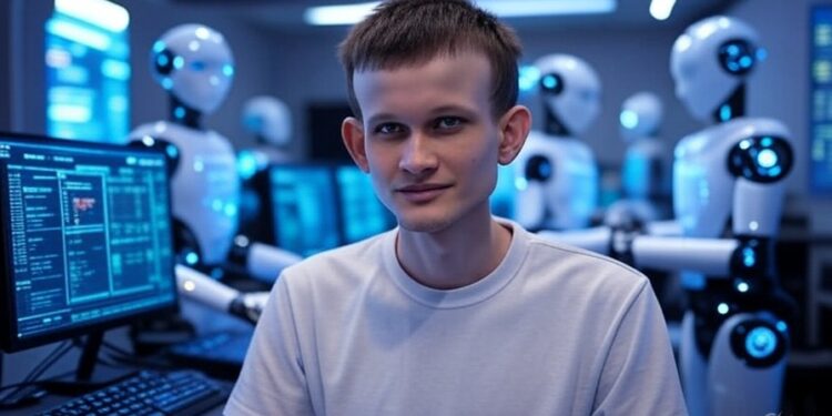 Imagen elaborada con Grok a partir del texto: "genera una imagen de vitalik buterin junto a una computadora y rodeado de robots en un centro de computacion. Usa un estilo futurista. El formato debe ser 16:9".
