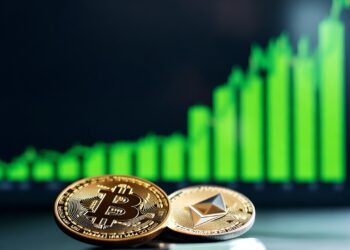 Monedas de bitcoin y Ethereum con un fondo de gráfico de precios.