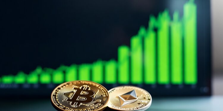 Monedas de bitcoin y Ethereum con un fondo de gráfico de precios.
