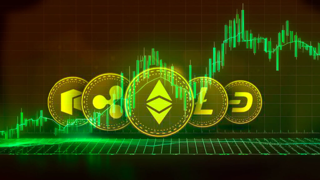 Criptomonedas verdes delante de un gráfico de velas.