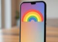 Un celular con un arco iris en la pantalla.