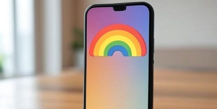 Un celular con un arco iris en la pantalla.