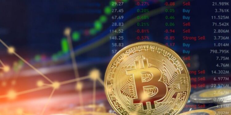 Bitcoin con gráficas de fondo.