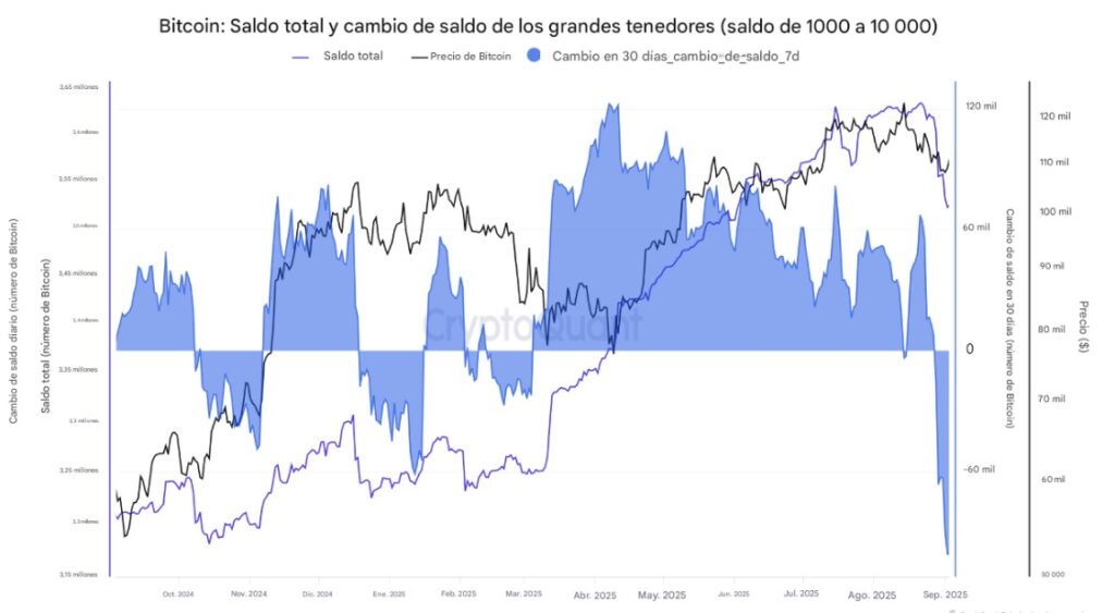 Gráfico de comportamiento de las ballenas de bitcoin, que reflejan sus ventas en agosto de 2025.