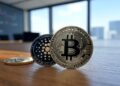 monedas de bitcoin y cardano en un escritorio.