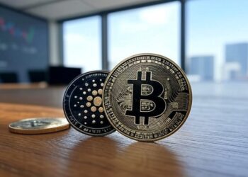 monedas de bitcoin y cardano en un escritorio.