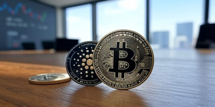 monedas de bitcoin y cardano en un escritorio.