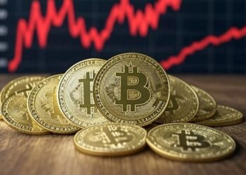monedas de bitcoin con un gráfico de precios de fondo.