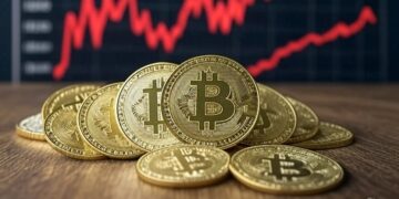 monedas de bitcoin con un gráfico de precios de fondo.