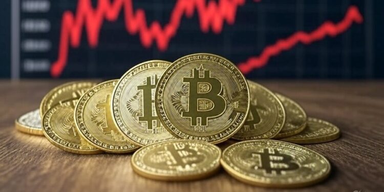monedas de bitcoin con un gráfico de precios de fondo.
