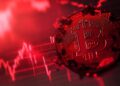 Moneda de bitcoin en un gráfico teñido de rojo.