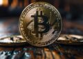 Tres monedas de bitcoin sobre una mesa de madera.