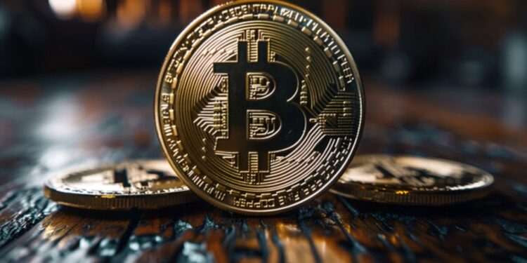 Tres monedas de bitcoin sobre una mesa de madera.