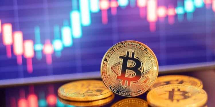 Bitcoin con gráficas de fondo.