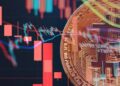Bitcoin con gráficas rojas alrededor.