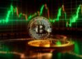 Una moneda física de BTC con gráficas de precio en el fondo.