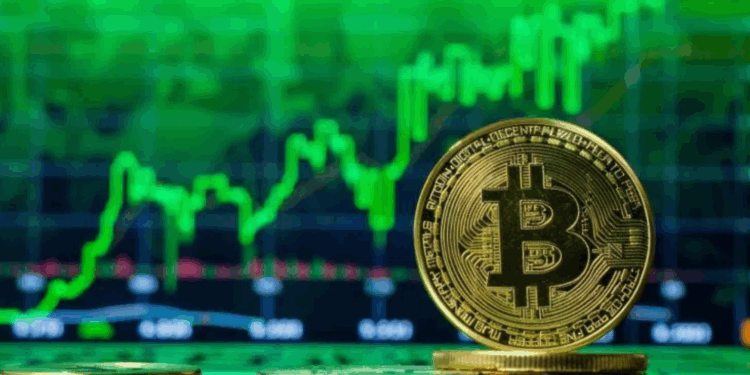 Bitcoin con gráficas verdes en el fondo.