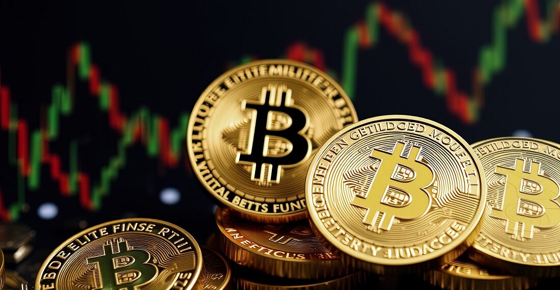 Gráfico de precio genérico y monedas de bitcoin.