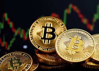 Gráfico de precio genérico y monedas de bitcoin.