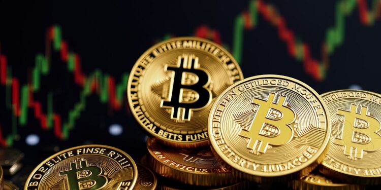 Gráfico de precio genérico y monedas de bitcoin.