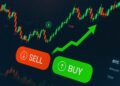 Gráfico de precio de bitcoin y dos botones: comprar y vender.