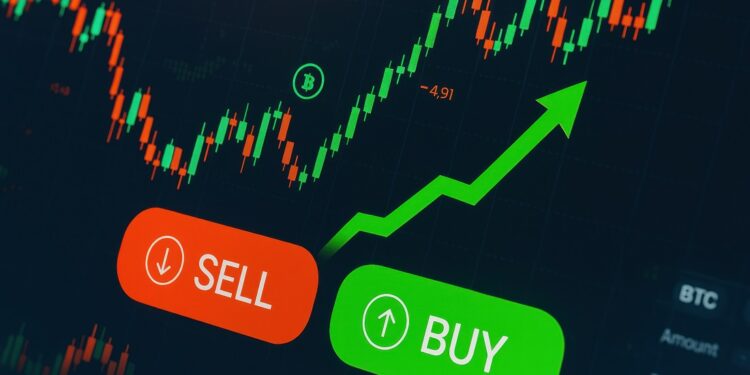 Gráfico de precio de bitcoin y dos botones: comprar y vender.