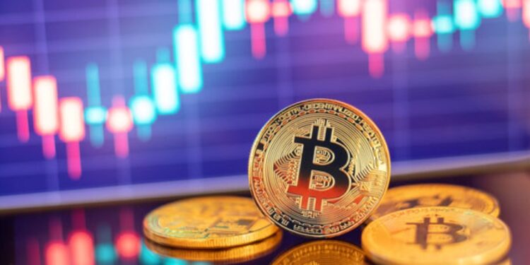 Bitcoin con gráficas de precio en el fondo.