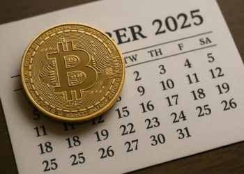 Moneda de bitcoin sobre un calendario de octubre de 2025.