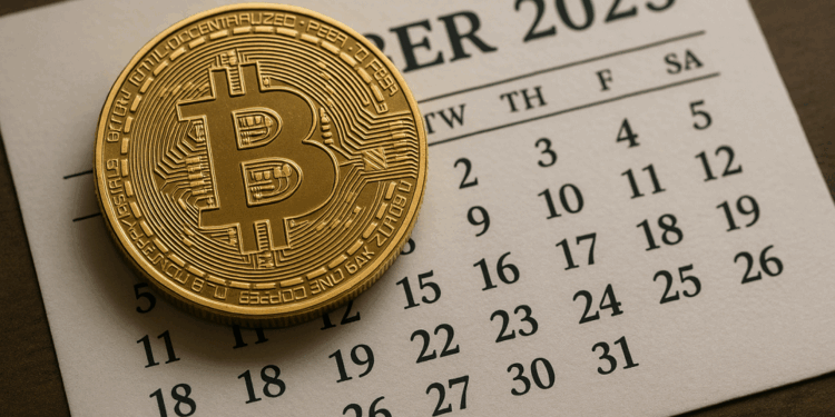 Moneda de bitcoin sobre un calendario de octubre de 2025.