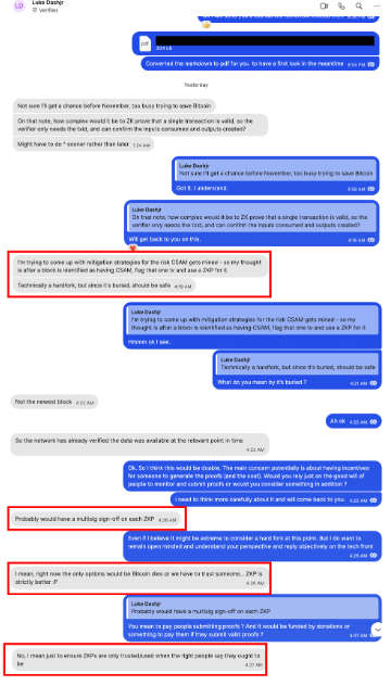 Mensajes de texto atribuidos al desarrollador Luke Dashjr, donde habla de una potencial bifurcación dura de Bitcoin