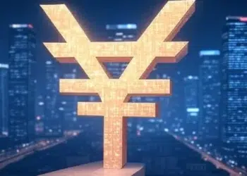 Símbolo del yuan en amarillo en un fondo azul.