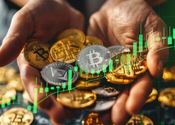 Manos que sujetan un puñado de criptomonedas.