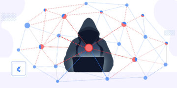 Red de nodos interconectados y imagen de un encapuchado frenta a una laptop.
