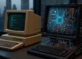 Una computadora clásica al lado de una computadora cuántica.