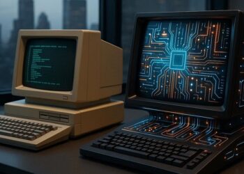 Una computadora clásica al lado de una computadora cuántica.