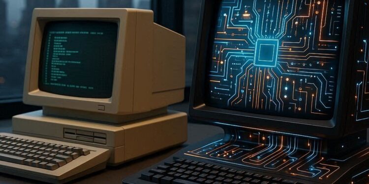 Una computadora clásica al lado de una computadora cuántica.