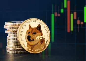 moneda de dogecoin con un fondo de gráfico de precios.