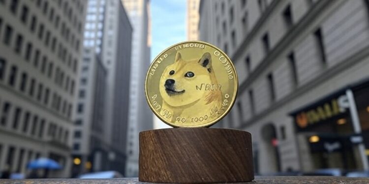 Moneda de dogecoin con Wall Street de fondo.