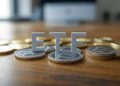 Monedas de Ethereum sobre una mesa de madera y las letras ETF blancas.