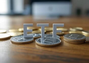Monedas de Ethereum sobre una mesa de madera y las letras ETF blancas.