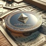 Una moneda de Ethereum sobre dólares estadounidenses.