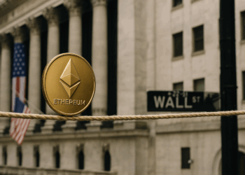 Una moneda de ETH arriba de una cuerda, en Wall Street.