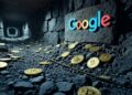 monedas de bitcoin en una mina en las que aparece logo de Google.