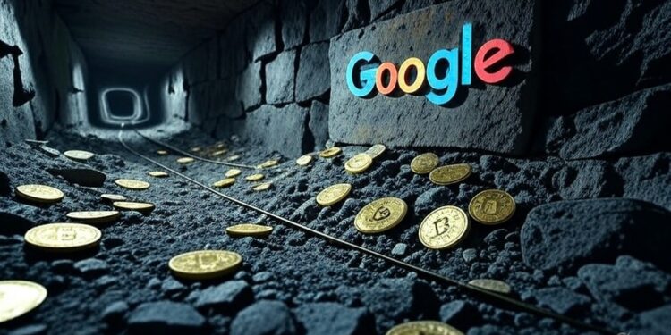monedas de bitcoin en una mina en las que aparece logo de Google.