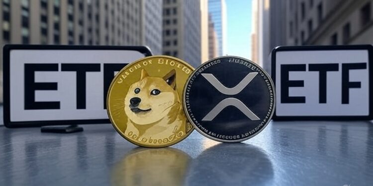 monedas de dogecoin y xrp con un fondo de Wall Street y las letras ETF al lado.