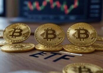monedas de bitcoin en una mesa con un gráfico de fondos.