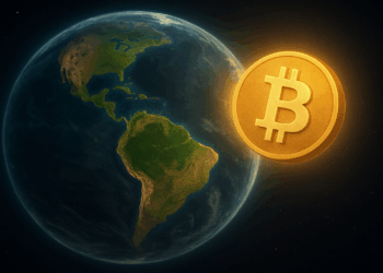 Un globo terráqueo y una moneda de bitcoin en el espácio exterior